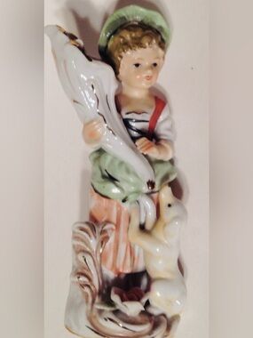 Vintage Figurine Boy Holding Cornucopia of Flowers Dog at His Feet 1960s